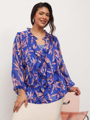 Blue Leaf Print Front Frill Top-SASSAFRAS Curve