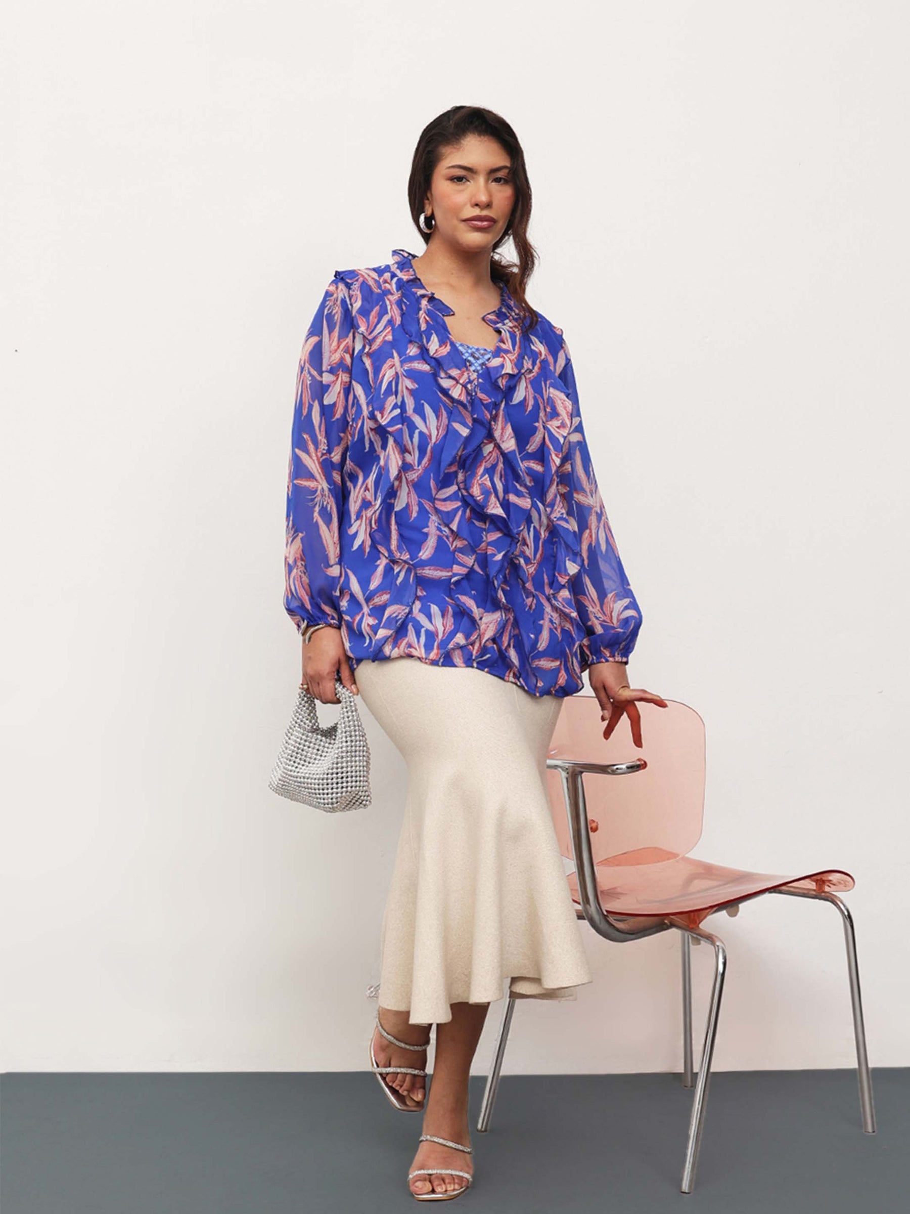Blue Leaf Print Front Frill Top-SASSAFRAS Curve