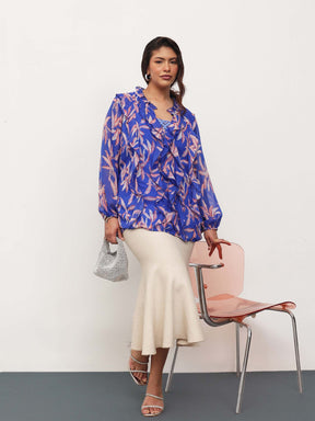 Blue Leaf Print Front Frill Top-SASSAFRAS Curve