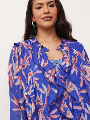 Blue Leaf Print Front Frill Top-SASSAFRAS Curve