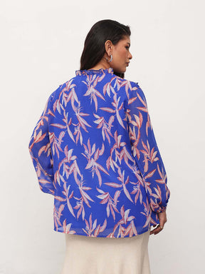 Blue Leaf Print Front Frill Top-SASSAFRAS Curve