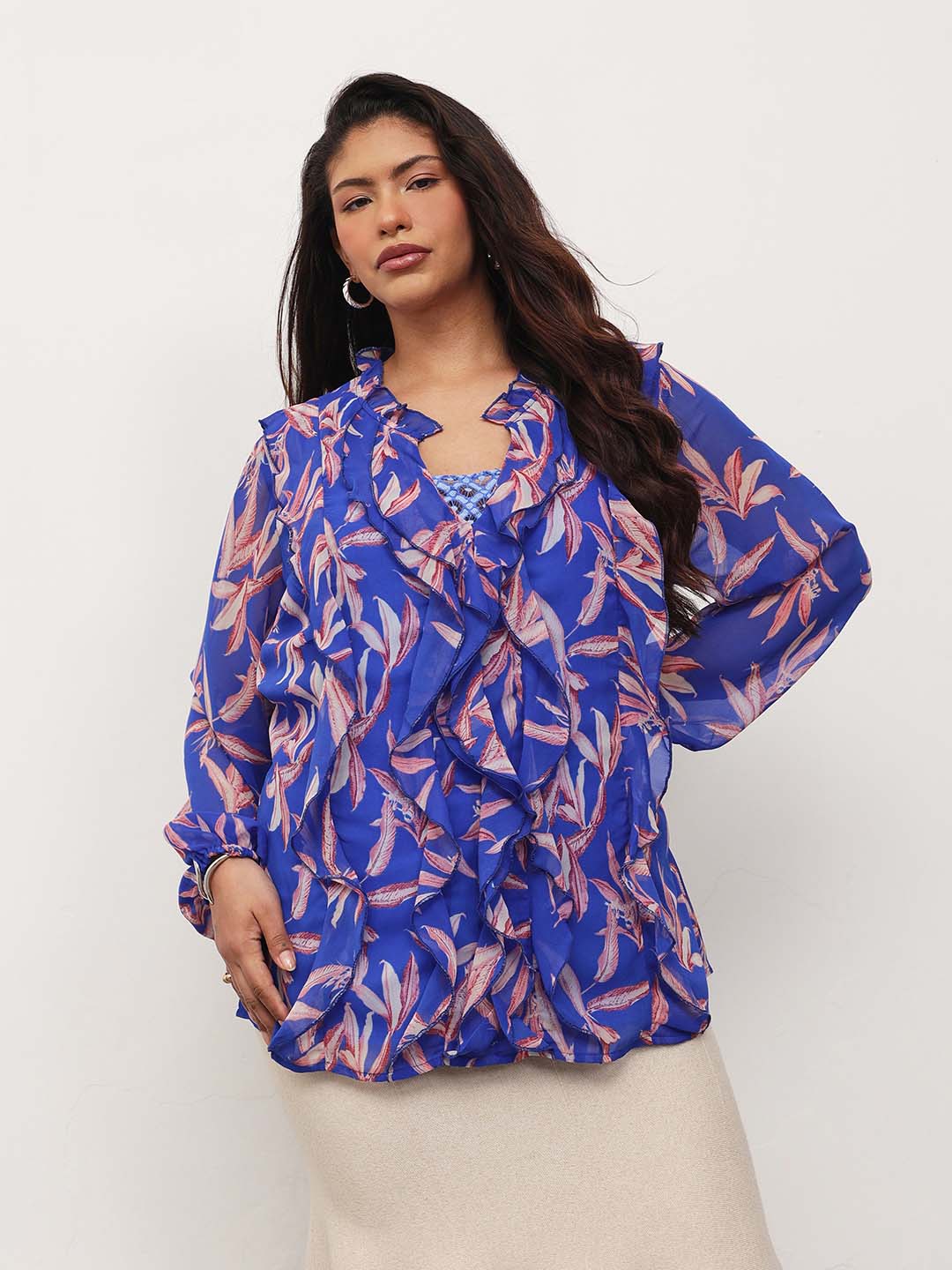 Women Blue Leaf Print Front Frill Top
