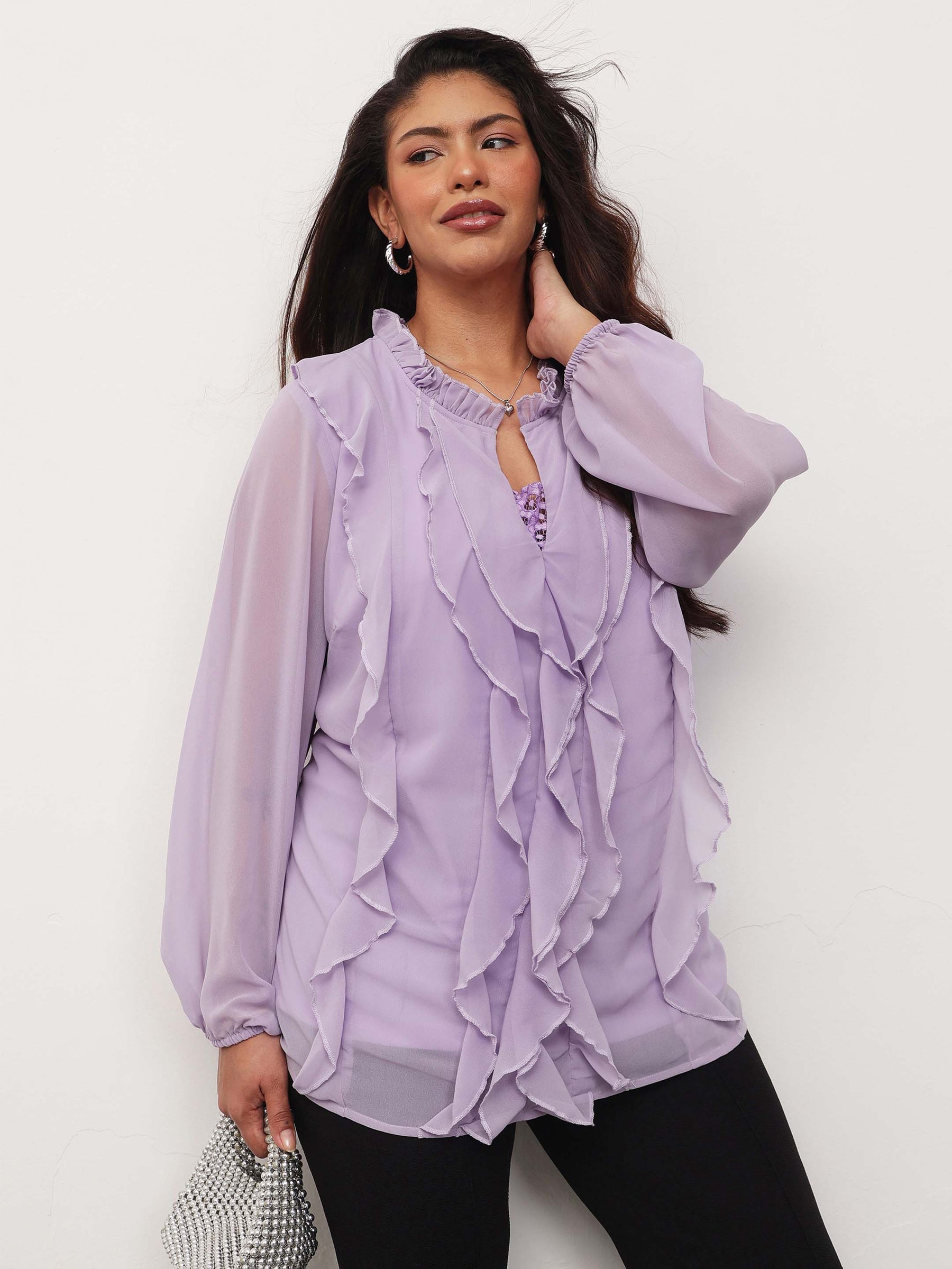 Lavender Solid Front Frill Top-SASSAFRAS Curve
