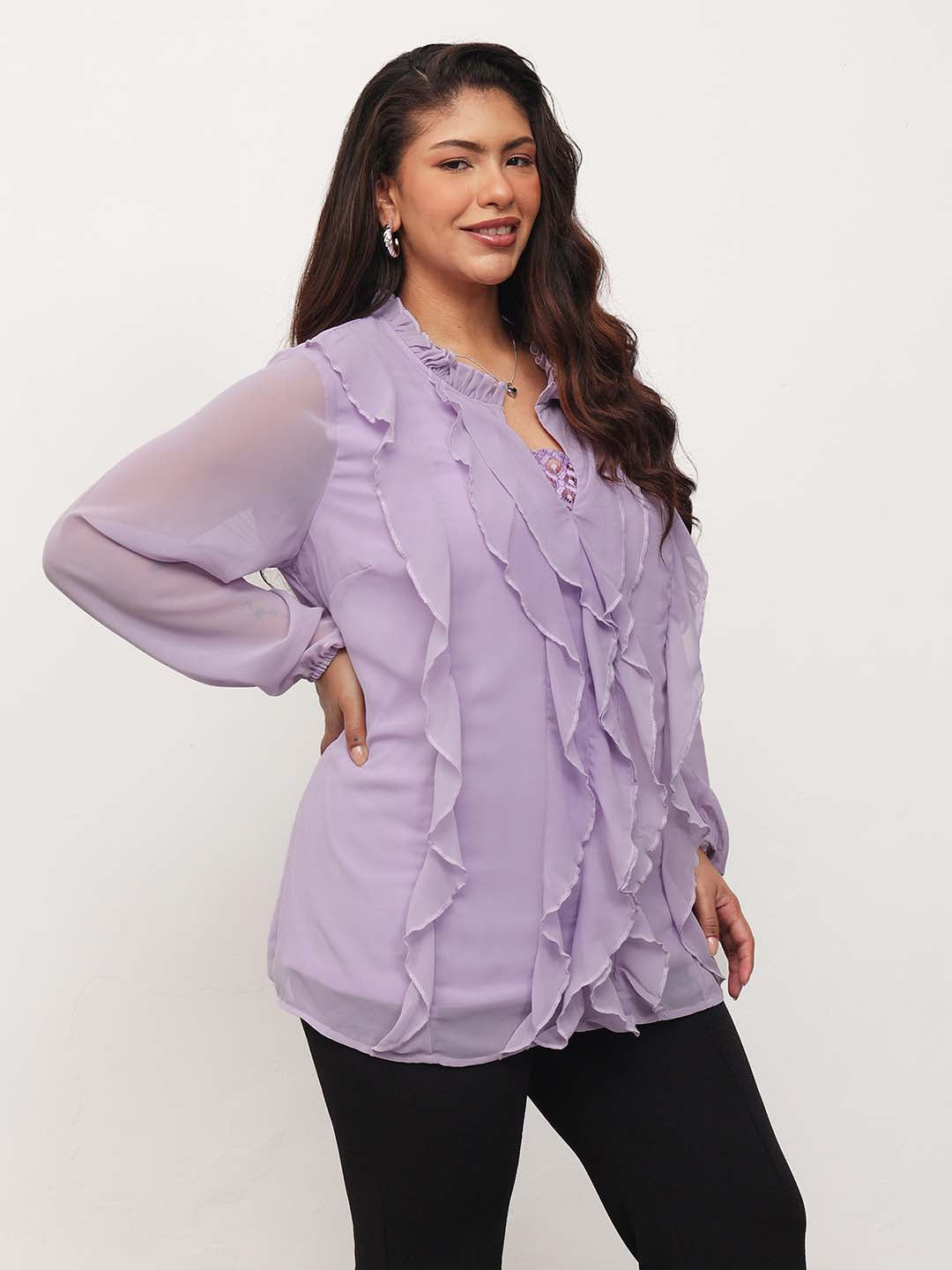 Lavender Solid Front Frill Top-SASSAFRAS Curve