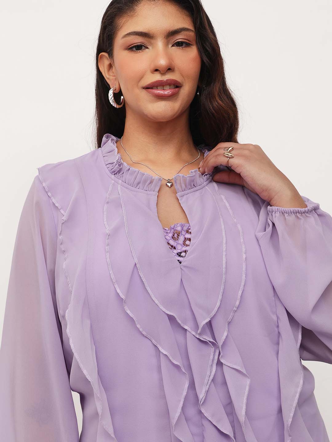 Lavender Solid Front Frill Top-SASSAFRAS Curve