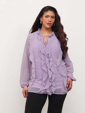 Women Lavender Solid Front Frill Top