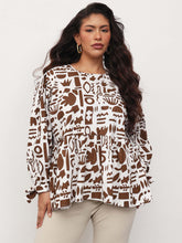 Brown & White Quirky Print Tie-Knot Peplum Top -SASSAFRAS Curve