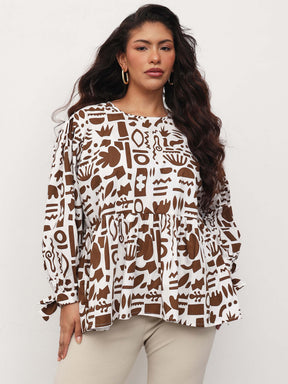 Brown & White Quirky Print Tie-Knot Peplum Top -SASSAFRAS Curve