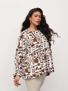 Brown & White Quirky Print Tie-Knot Peplum Top -SASSAFRAS Curve