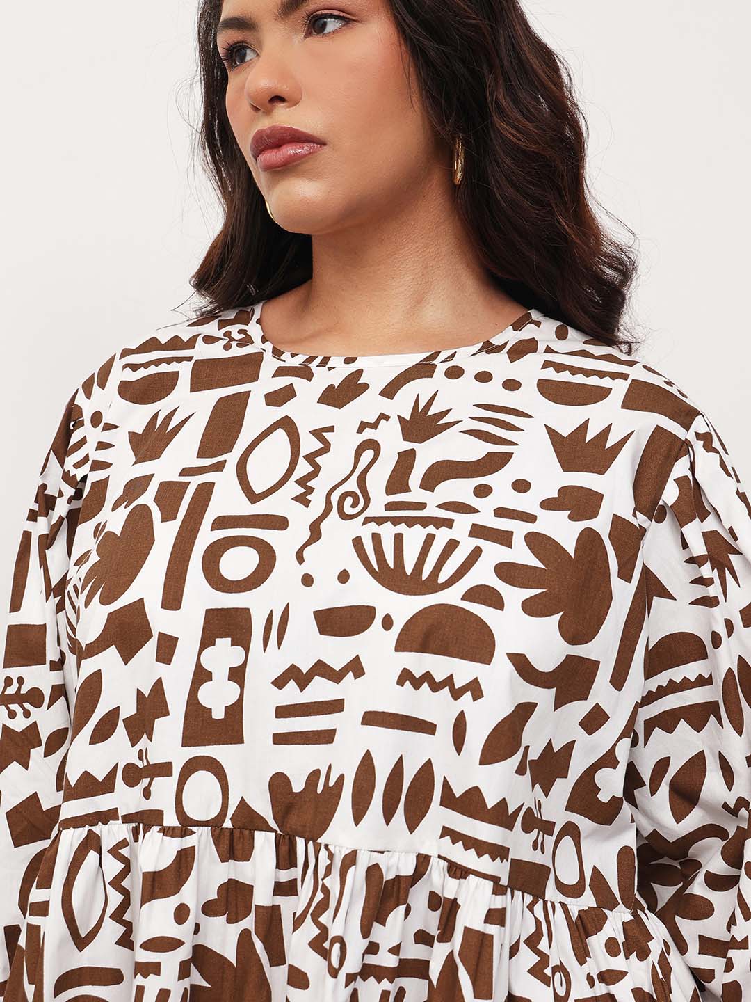 Brown & White Quirky Print Tie-Knot Peplum Top -SASSAFRAS Curve