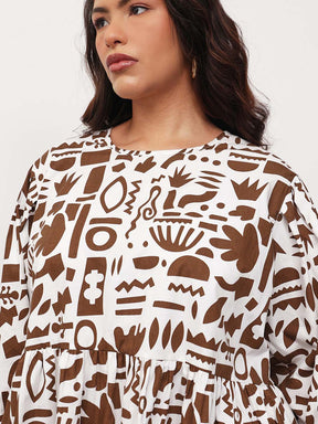 Brown & White Quirky Print Tie-Knot Peplum Top -SASSAFRAS Curve
