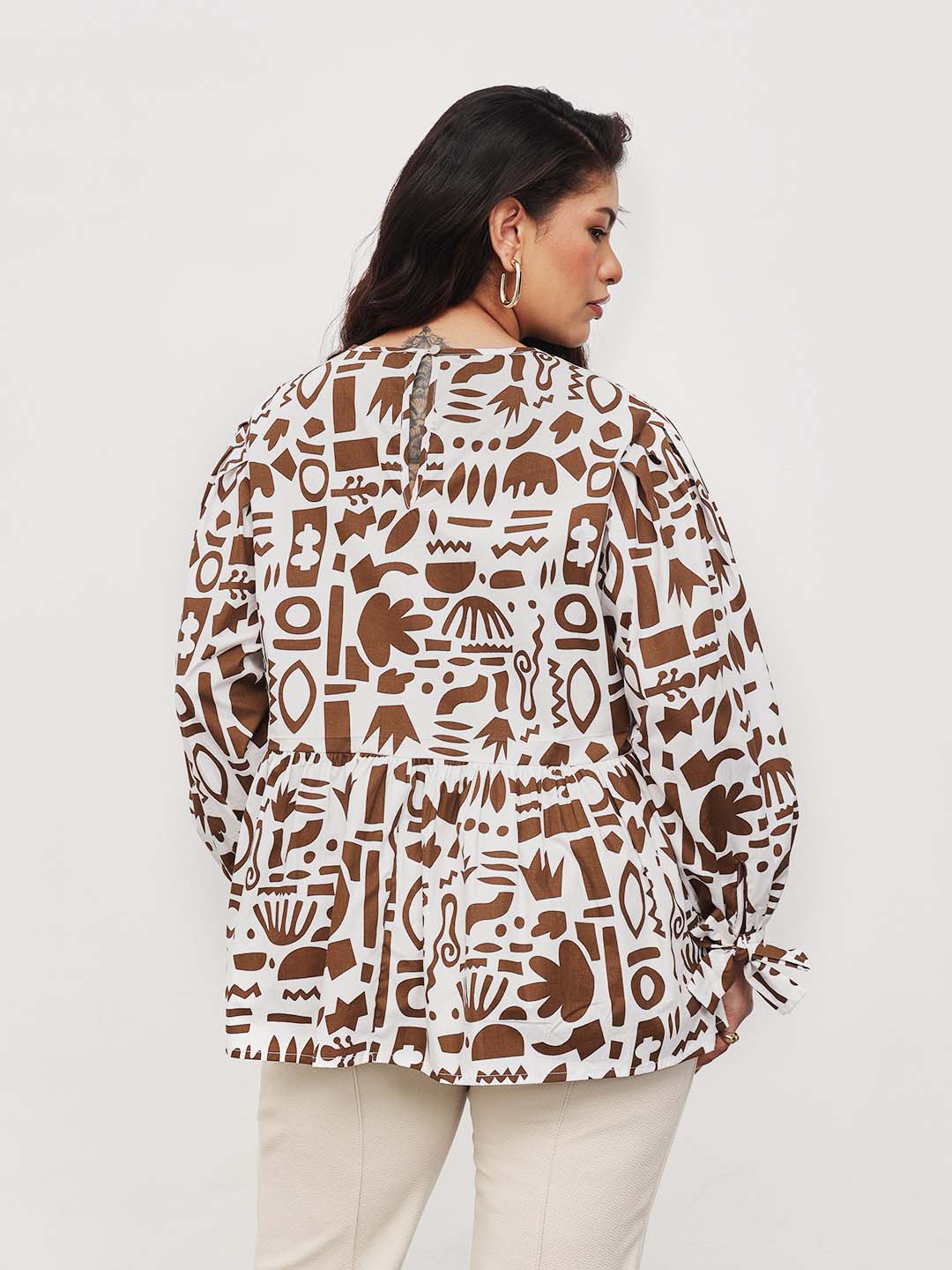 Brown & White Quirky Print Tie-Knot Peplum Top -SASSAFRAS Curve
