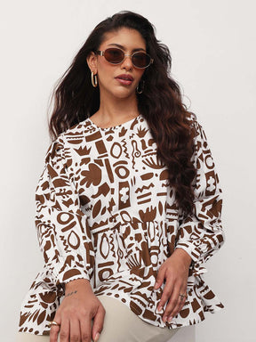 Women Brown & White Quirky Print Tie-Knot Peplum Top