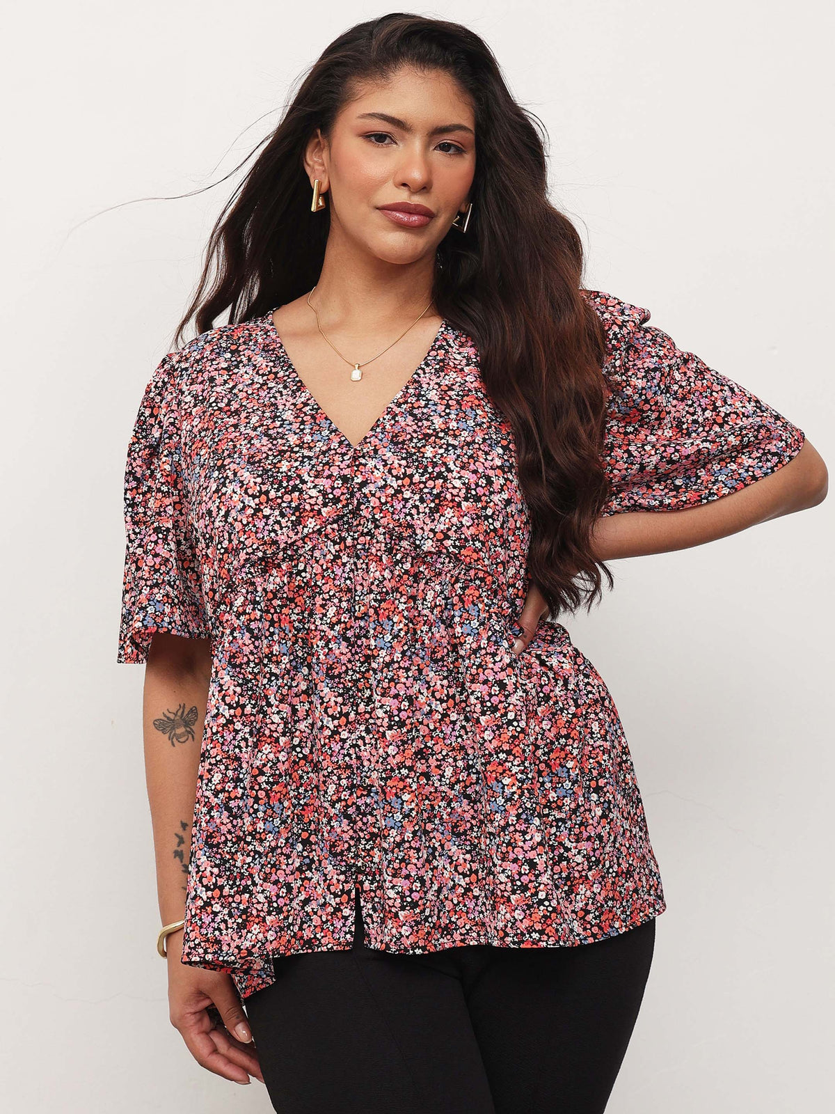 Black Multi Ditsy Floral V-Neck Peplum Top-SASSAFRAS Curve