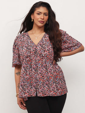 Black Multi Ditsy Floral V-Neck Peplum Top-SASSAFRAS Curve