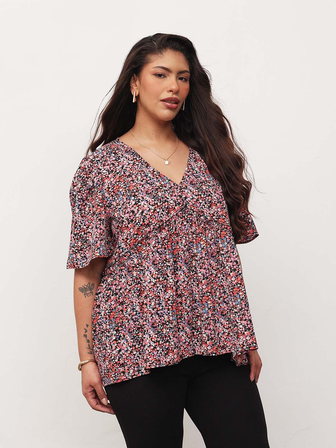 Black Multi Ditsy Floral V-Neck Peplum Top-SASSAFRAS Curve