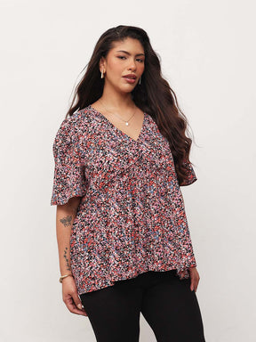 Black Multi Ditsy Floral V-Neck Peplum Top-SASSAFRAS Curve