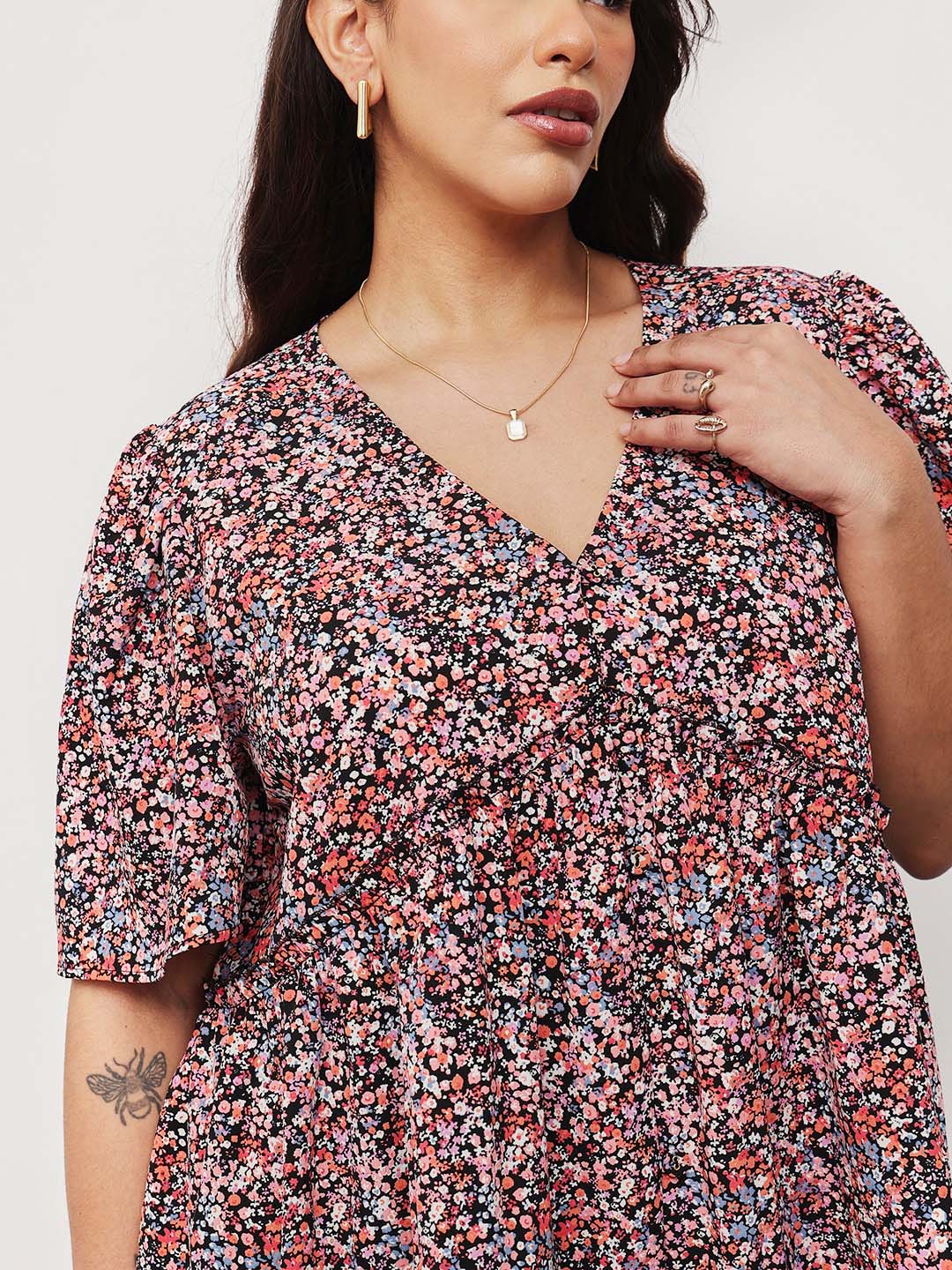Black Multi Ditsy Floral V-Neck Peplum Top-SASSAFRAS Curve