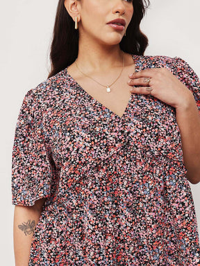 Black Multi Ditsy Floral V-Neck Peplum Top-SASSAFRAS Curve