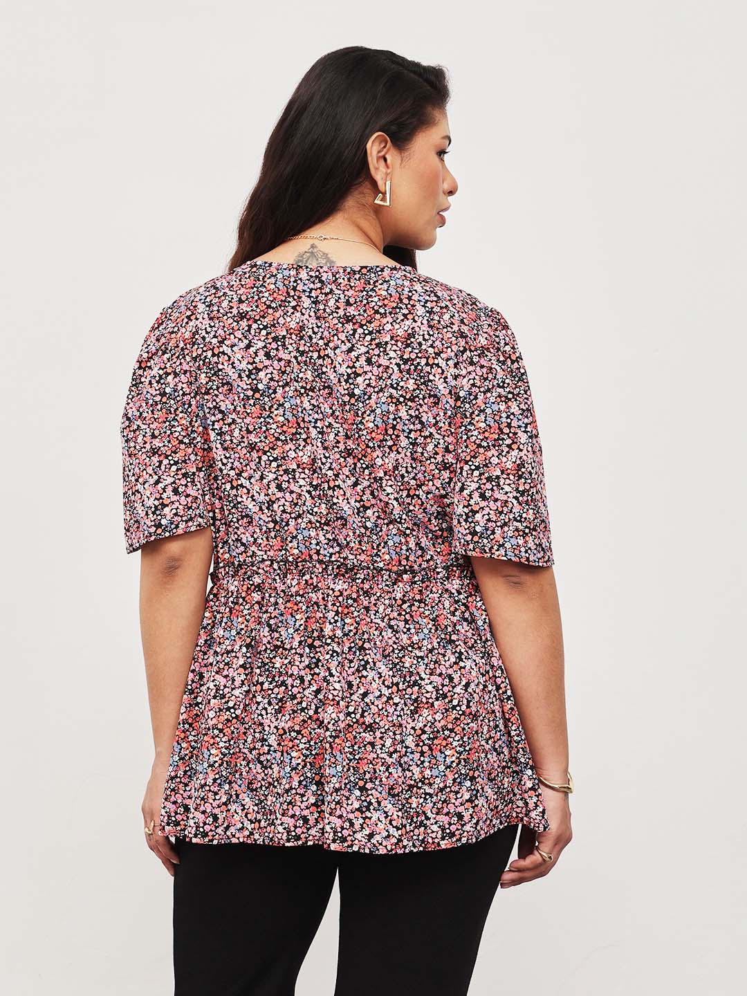 Black Multi Ditsy Floral V-Neck Peplum Top-SASSAFRAS Curve