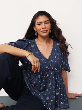 Navy Ditsy Floral V-Neck Peplum Top-SASSAFRAS Curve