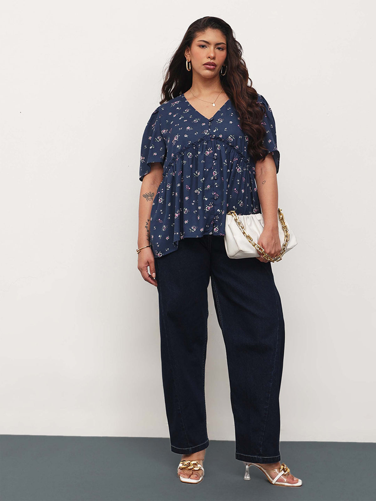 Navy Ditsy Floral V-Neck Peplum Top-SASSAFRAS Curve