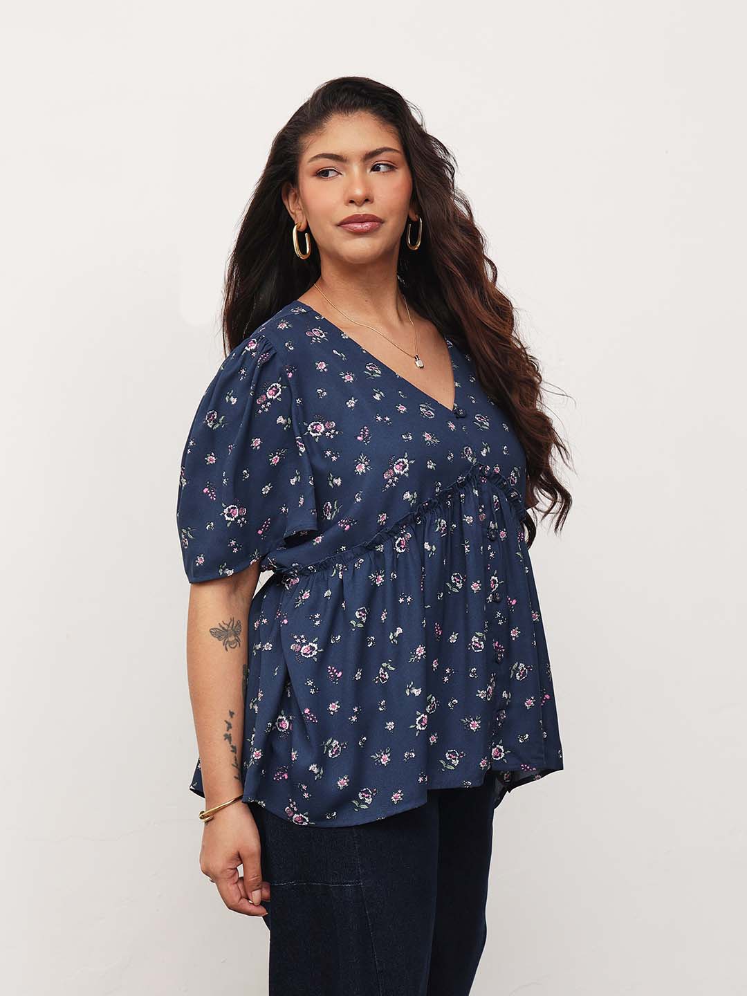 Navy Ditsy Floral V-Neck Peplum Top-SASSAFRAS Curve