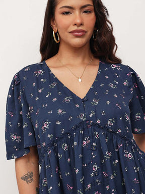 Navy Ditsy Floral V-Neck Peplum Top-SASSAFRAS Curve