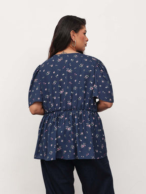 Navy Ditsy Floral V-Neck Peplum Top-SASSAFRAS Curve