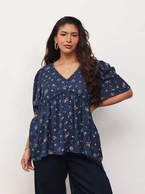 Women Navy Ditsy Floral V-Neck Peplum Top