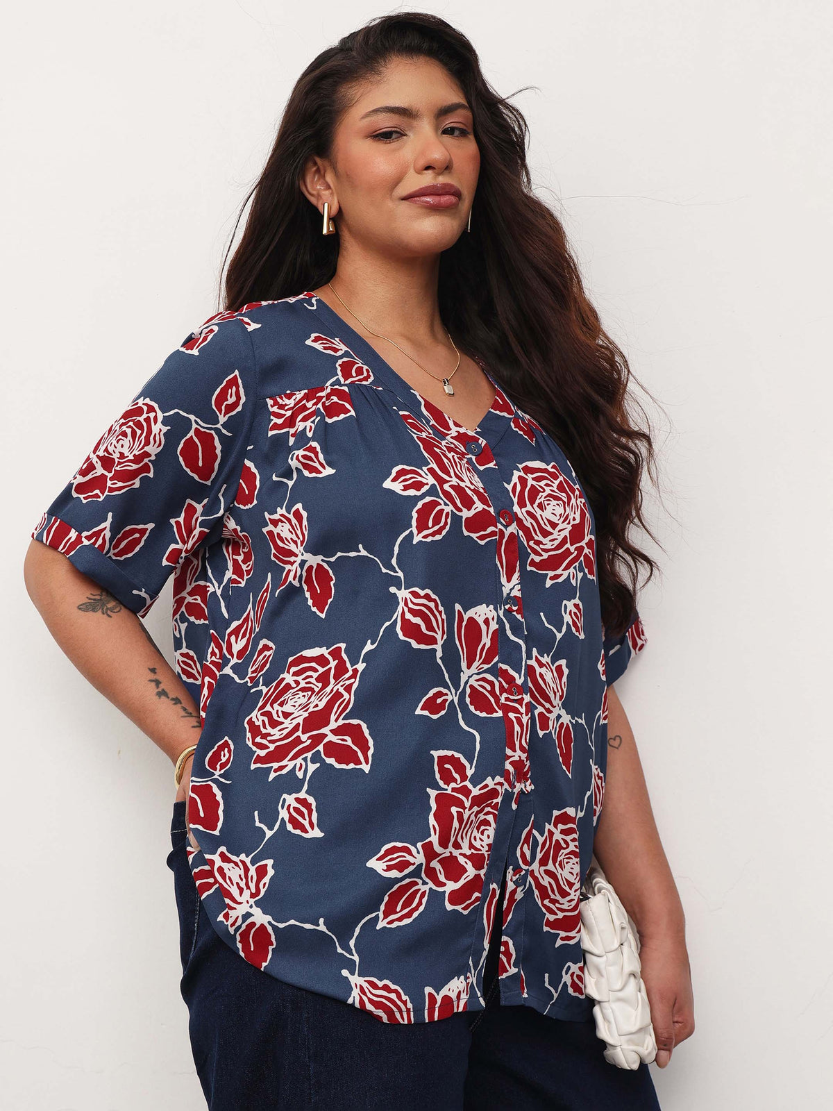 Blue & Red Floral V-Neck Button Down Top-SASSAFRAS Curve