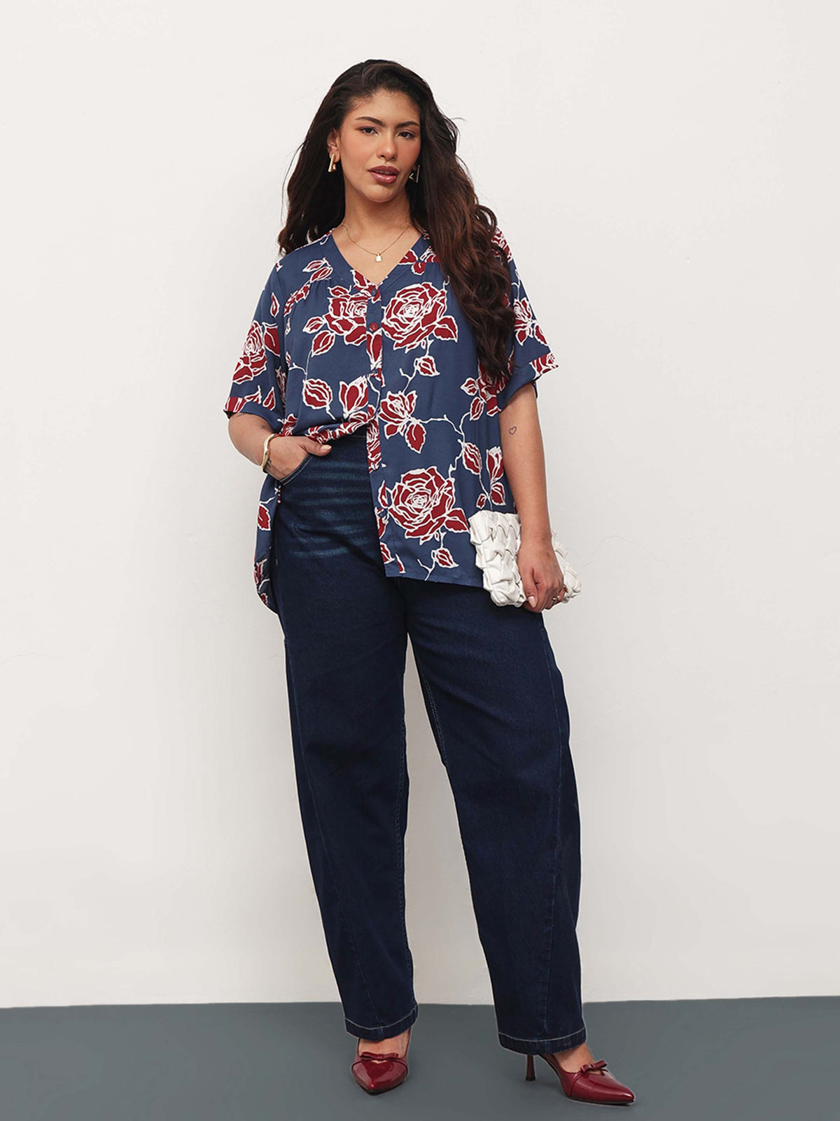 Blue & Red Floral V-Neck Button Down Top-SASSAFRAS Curve