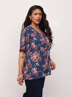 Blue & Red Floral V-Neck Button Down Top-SASSAFRAS Curve