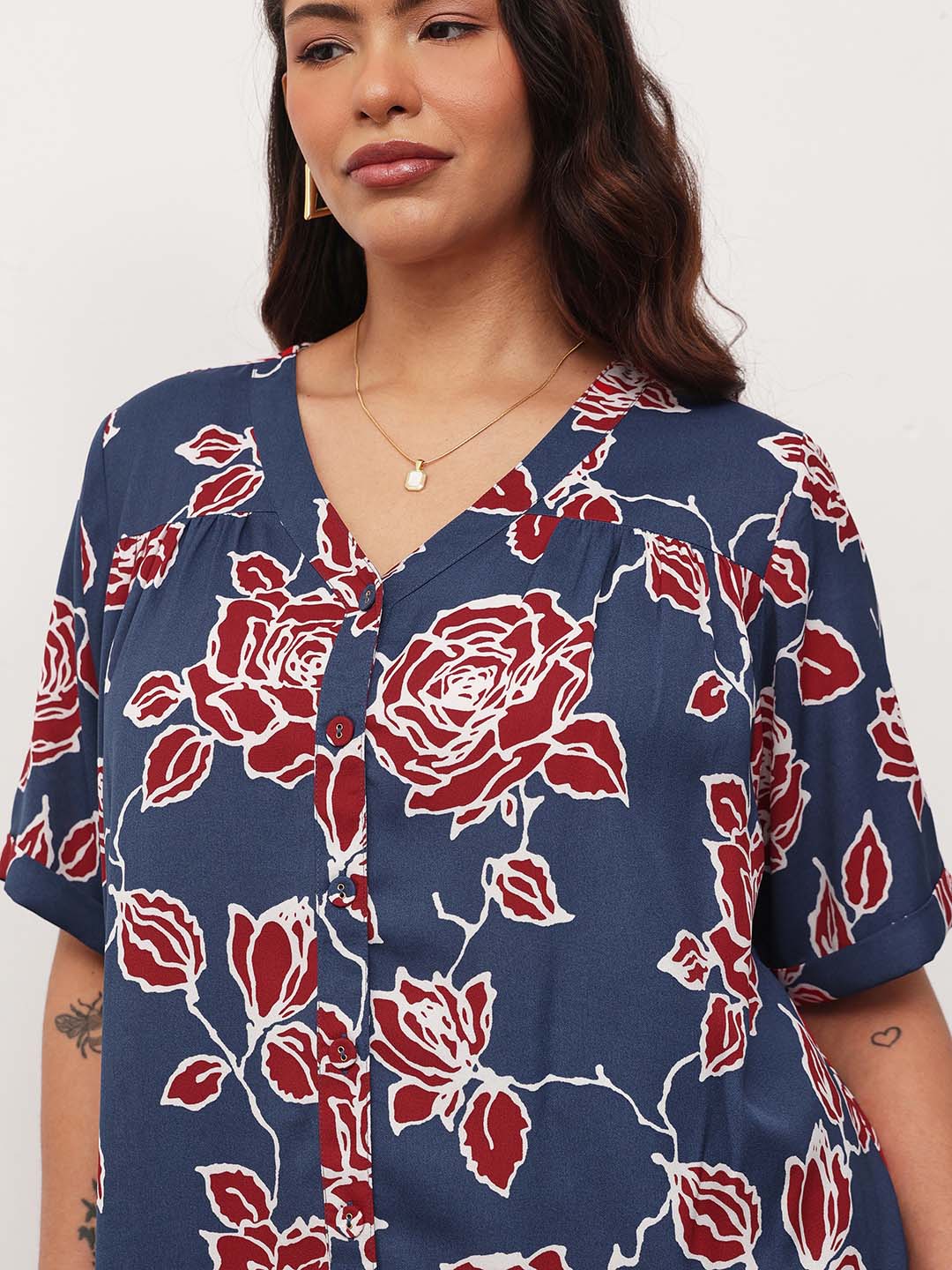 Blue & Red Floral V-Neck Button Down Top-SASSAFRAS Curve