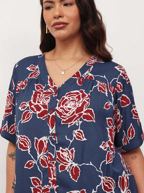 Blue & Red Floral V-Neck Button Down Top-SASSAFRAS Curve