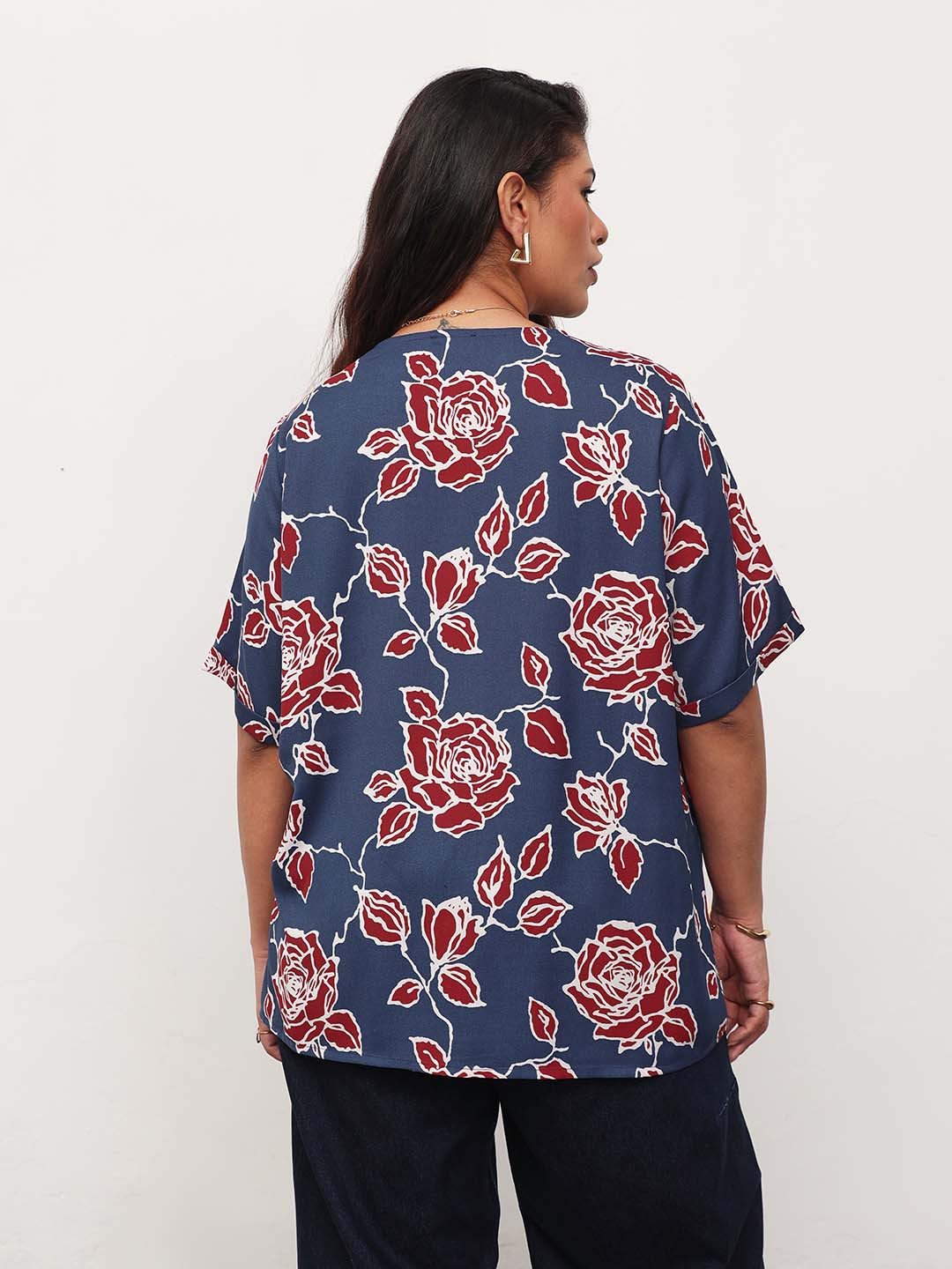 Blue & Red Floral V-Neck Button Down Top-SASSAFRAS Curve
