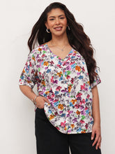 White Multi Floral V-Neck Button Down Top-SASSAFRAS Curve