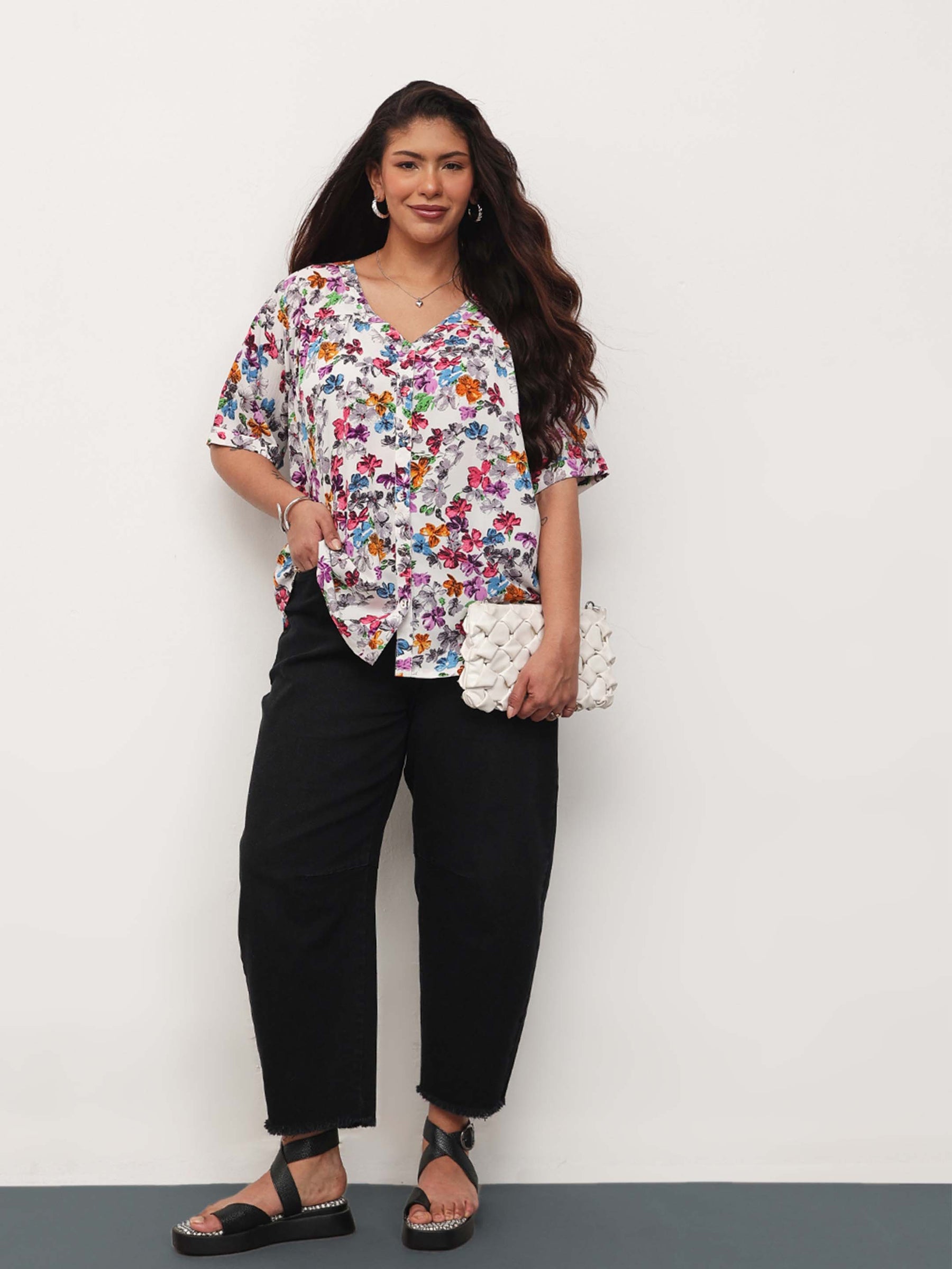 White Multi Floral V-Neck Button Down Top-SASSAFRAS Curve