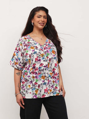 White Multi Floral V-Neck Button Down Top-SASSAFRAS Curve