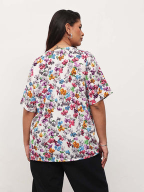 White Multi Floral V-Neck Button Down Top-SASSAFRAS Curve