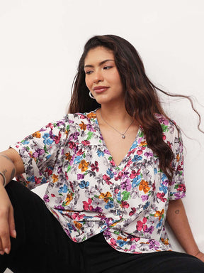 Women White Multi Floral V-Neck Button Down Top