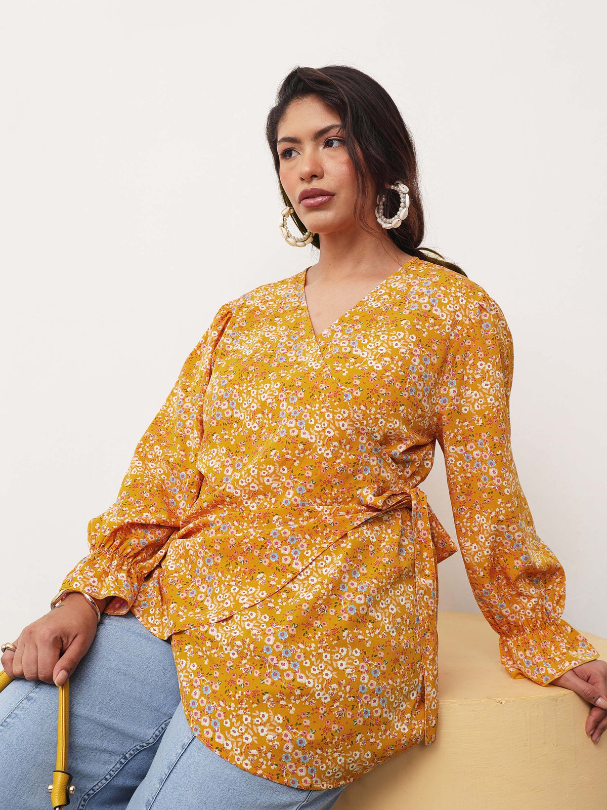 Yellow Ditsy Floral Side Knot Wrap Top-SASSAFRAS Curve