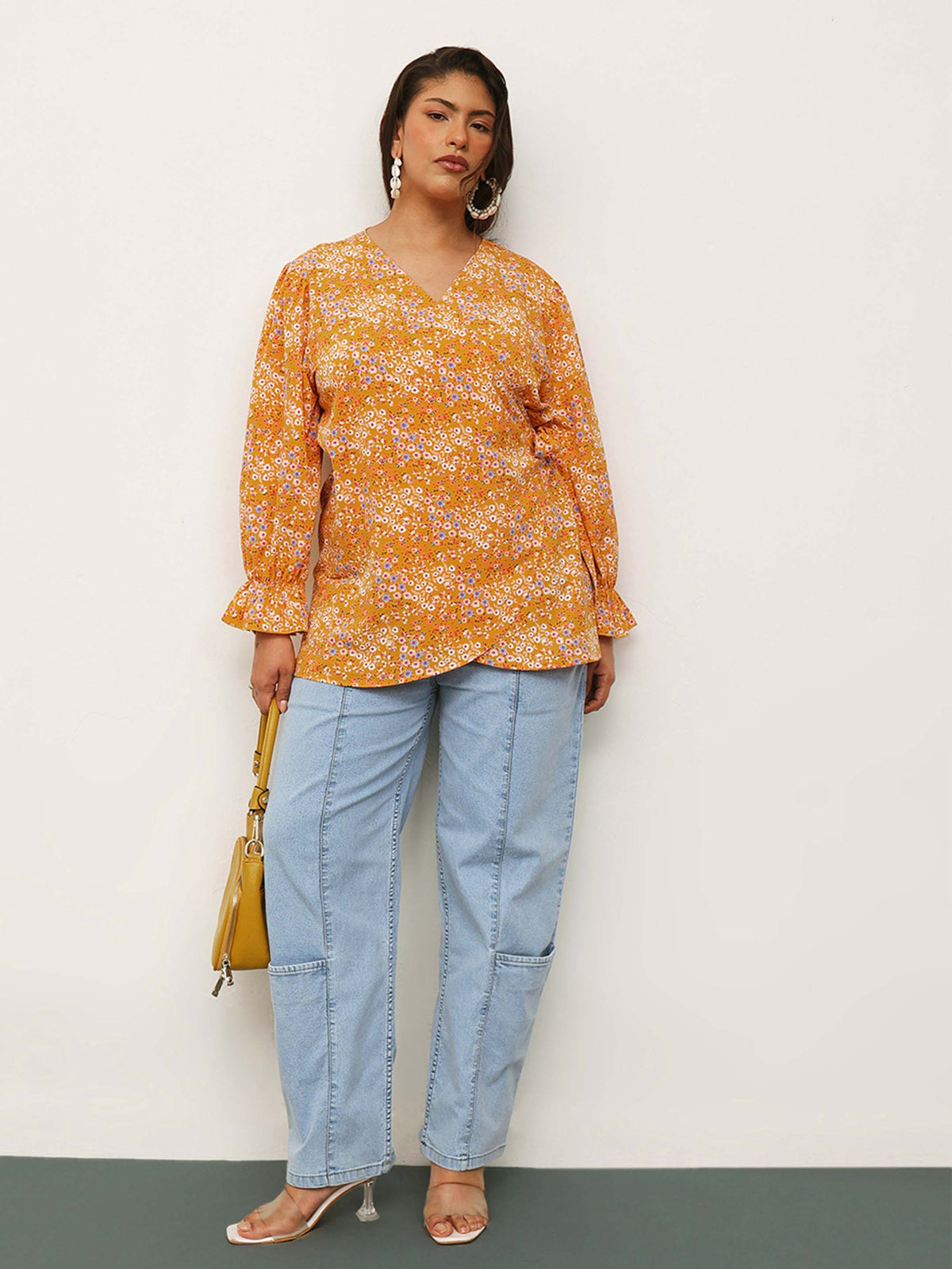 Yellow Ditsy Floral Side Knot Wrap Top-SASSAFRAS Curve