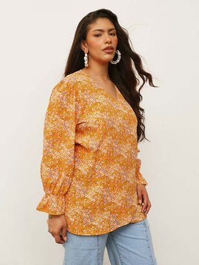 Yellow Ditsy Floral Side Knot Wrap Top-SASSAFRAS Curve