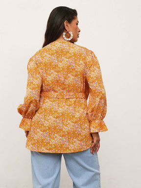 Yellow Ditsy Floral Side Knot Wrap Top-SASSAFRAS Curve