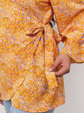 Women Yellow Ditsy Floral Side Knot Wrap Top