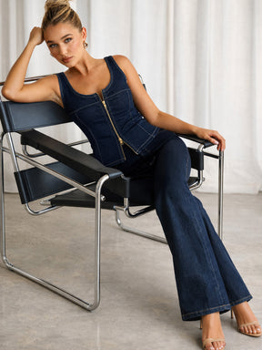 Navy Denim Front Zipper Vest Top-SASSAFRAS