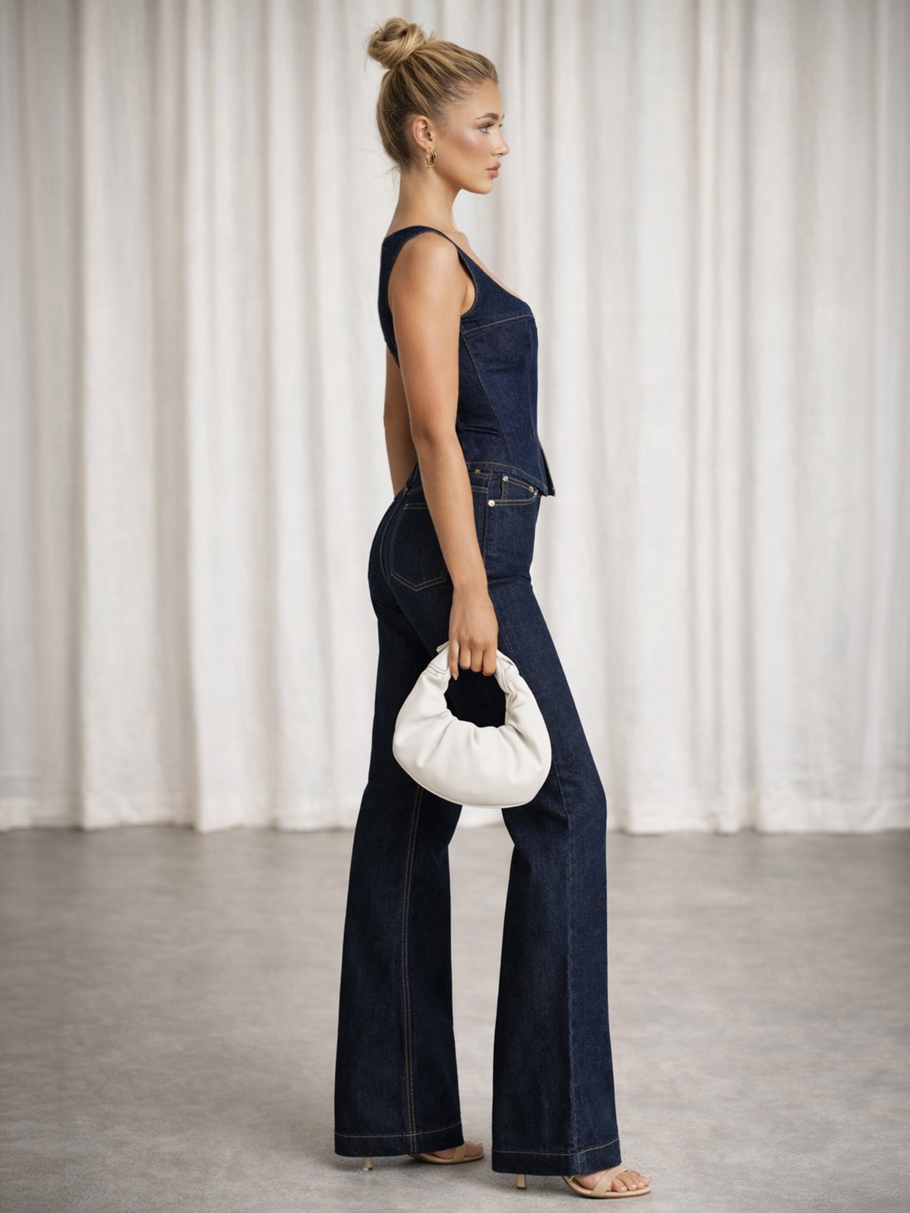 Navy Denim Front Zipper Vest Top-SASSAFRAS