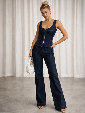 Navy Denim Front Zipper Vest Top-SASSAFRAS