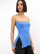 Blue Rib Side Slit Tube Top-SASSAFRAS 